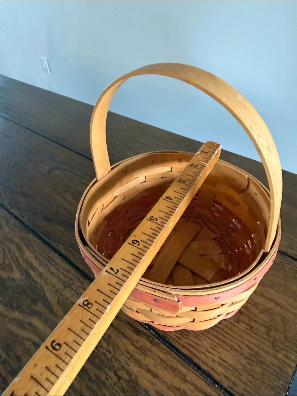 Longaberger Woven Basket With Red Trim And Bottom With Handle Marked Signed